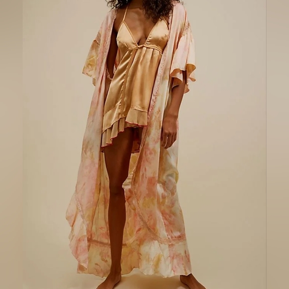 Free People Moonbeams Lace-Trimmed Tie-Waist Maxi Robe XS - Picture 5 of 7